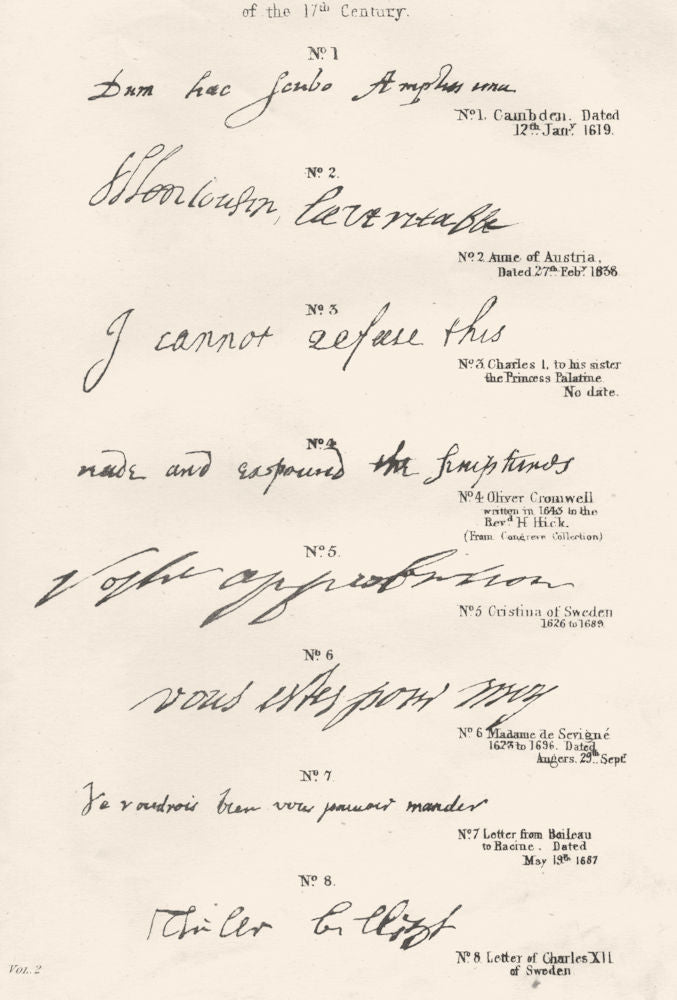 AUTOGRAPHS. Cambden; Charles; Oliver Cromwell; Cristina 12 Sweden; Sevigne 1880